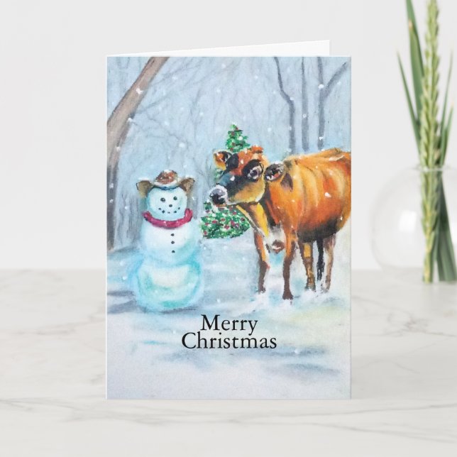 Cowboy Snögubbe & Cow julvinterscen Helgkort (Framsida)