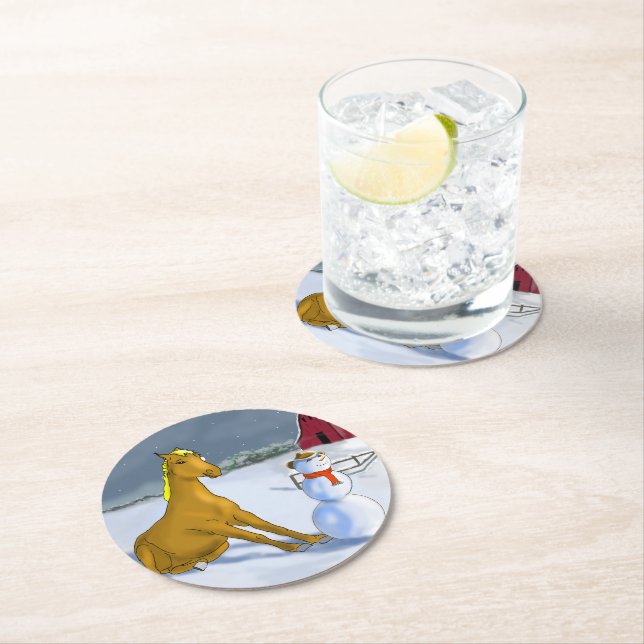 Cowboy Snögubbe & Horse Papper Underlägg Rund (Insitu)