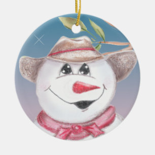 Cowboy Snögubbe i Red Scarf Illustratied Ornament