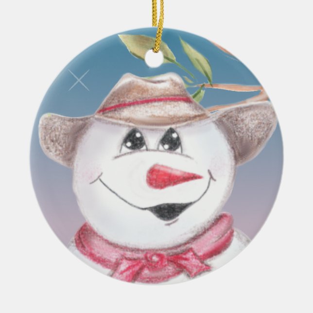 Cowboy Snögubbe i Red Scarf Illustratied Ornament (Framsidan)
