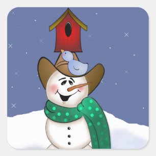 Cowboy Snögubbe med Birdhouse Fyrkantigt Klistermärke