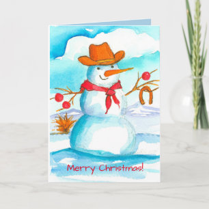 Cowboy Snögubbe Watercolor God jul Helgkort