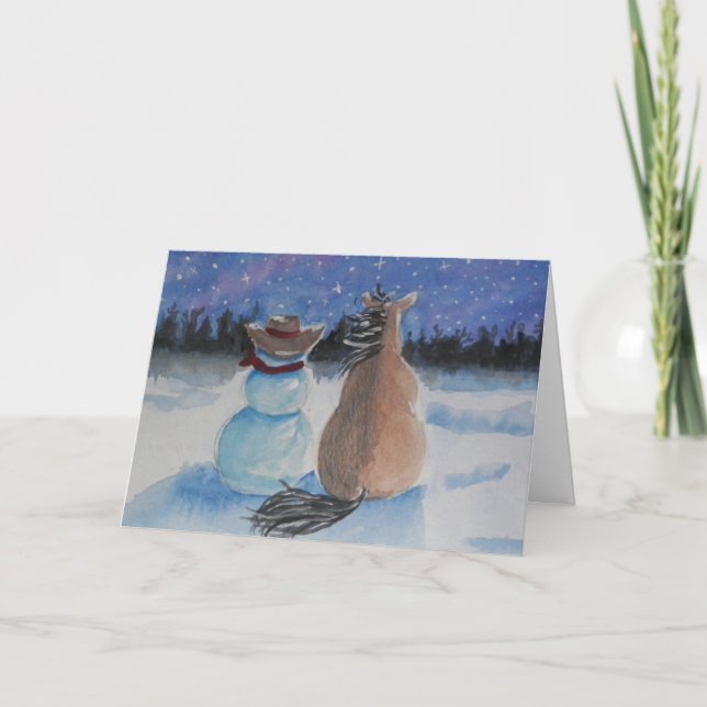 Cowboy Snöman & Häst Jul Vinter Scen Helgkort (Framsida)