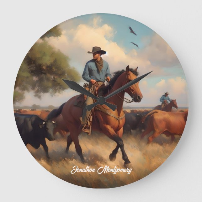Cowboy som driver boskap till häst stor klocka (Framsida)