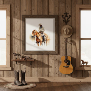 cowboy som kör en brun häst också, anpassade poster