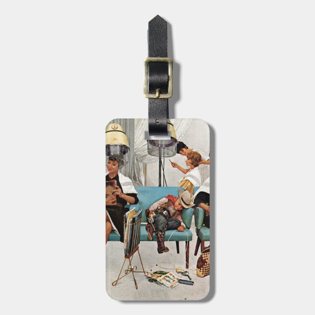 Cowboy sovande i skönhetsalong bagagebricka (Vertikal Framsida)