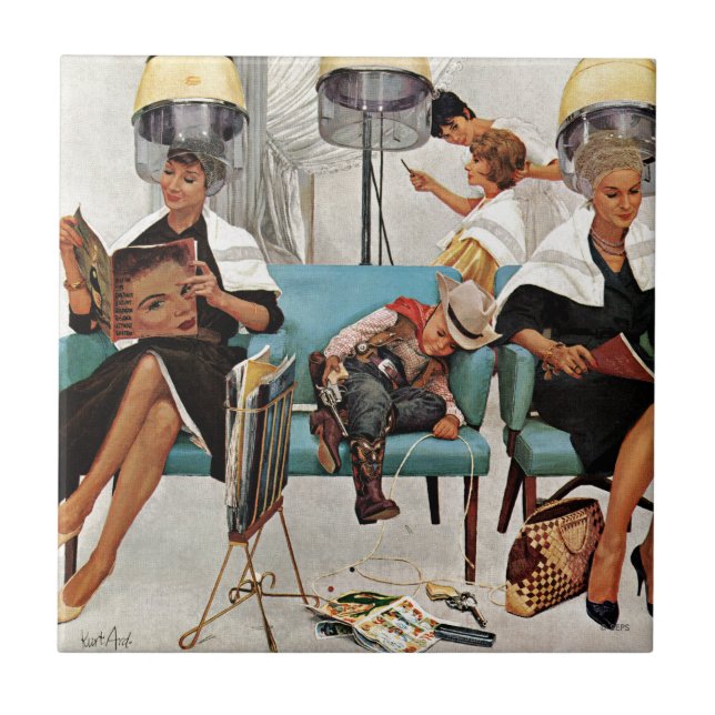 Cowboy sovande i skönhetsalong kakelplatta (Framsidan)