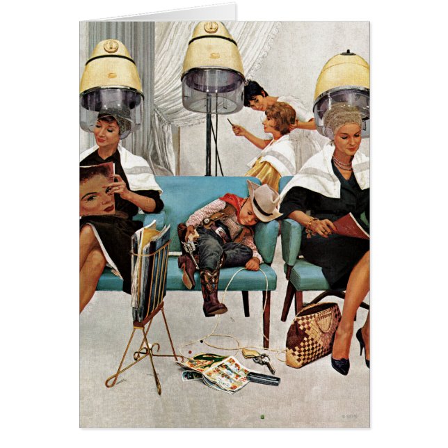 Cowboy sovande i skönhetsalong OBS kort (Framsidan)