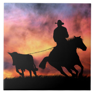 Cowboy Steer Roping in Sunset Kakelplatta
