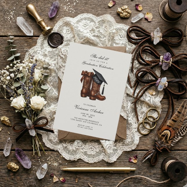 Cowboy Stövlar & Examen Mössa Fest Inbjudningar (Cowgirl Boots Graduation PArty Invitation)
