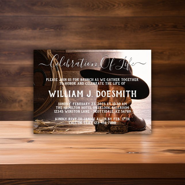 Cowboy Stövlar Hatt Begravning Minnesstund Inbjudningar (Cowboy memorial service and funeral announcement. Simply add your event details.)