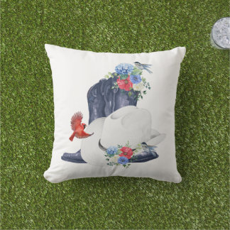 Cowboy Stövlar/Hatt & Blommor/Fåglar Kudde