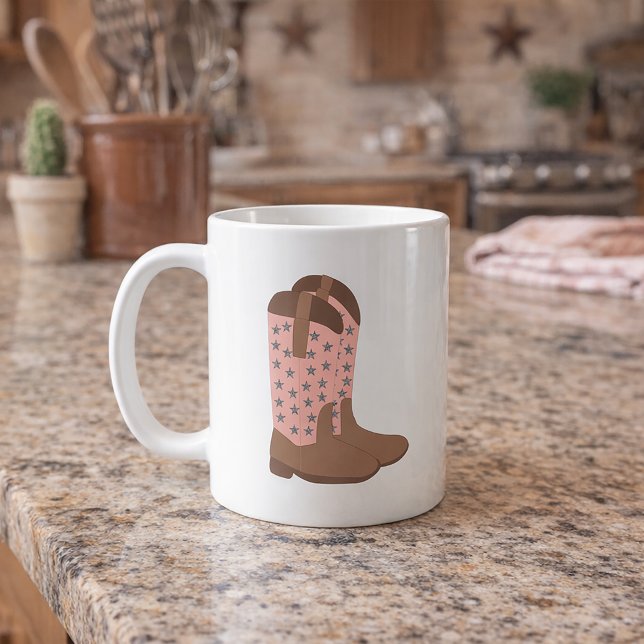 Cowboy Stövlar Modern Western Falska Glitter Stjär Kaffemugg (A mug with boots done in pink with a faux silver glitter star pattern.)