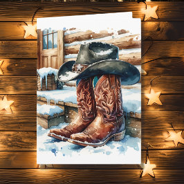 Cowboy Stövlar på den främre verandan på en vinter Kort
