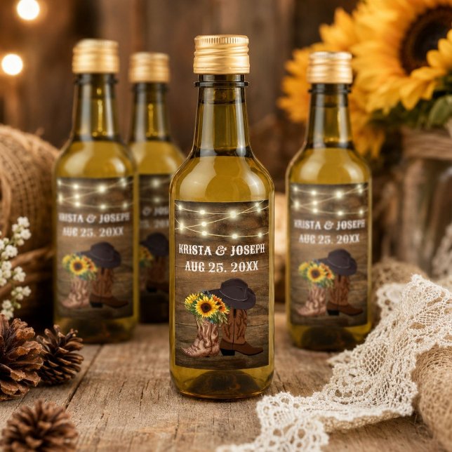 Cowboy Stövlar Solros Western Bröllopspresent Vinetikett (Cowboy Boots Sunflower Western Wedding Favor Wine Label)