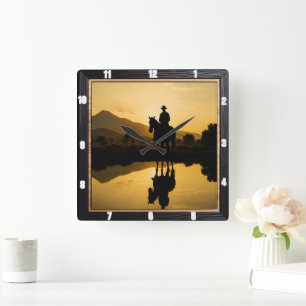 Cowboy Sunset Horseback Reflection Fyrkantig Klocka