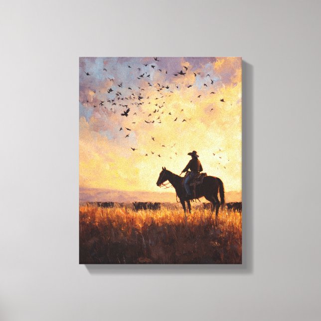 Cowboy Sunset Ride Silhouette Painting Canvastryck (Framsida)