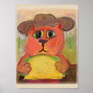 Cowboy Taco Cat Folk Painting Western Art Poster