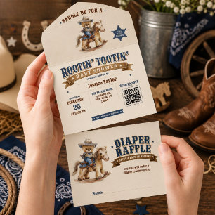 Cowboy Teddy Bear Baby Shower QR Blöja Lotteri