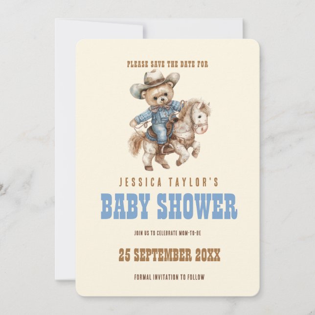 Cowboy Teddy Bear Baby Shower Spara datumet  (Framsida)