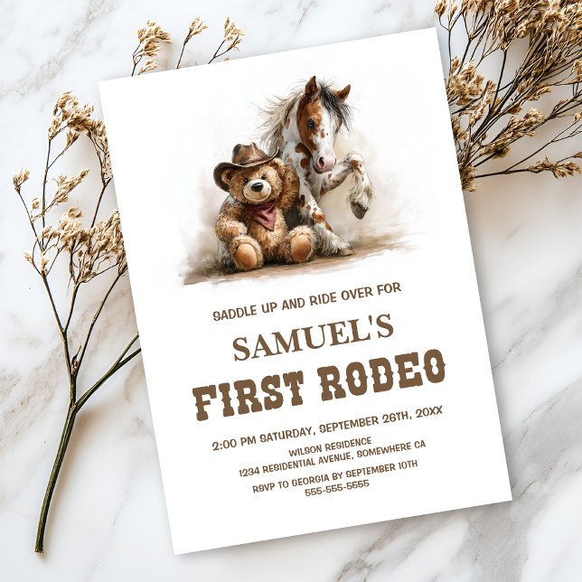 Cowboy Teddy Bear First Rodeo Birthday Party Inbjudningar (Skapare uppladdad)