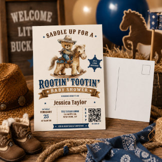 Cowboy Teddy Bear Western QR RSVP Baby Shower Vykort