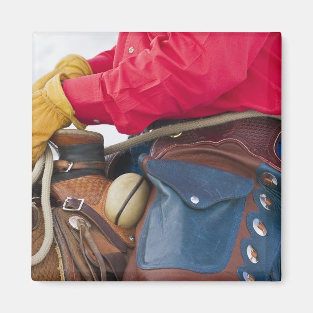Cowboy till häst iklädd läderchaps magnet (Framsidan)
