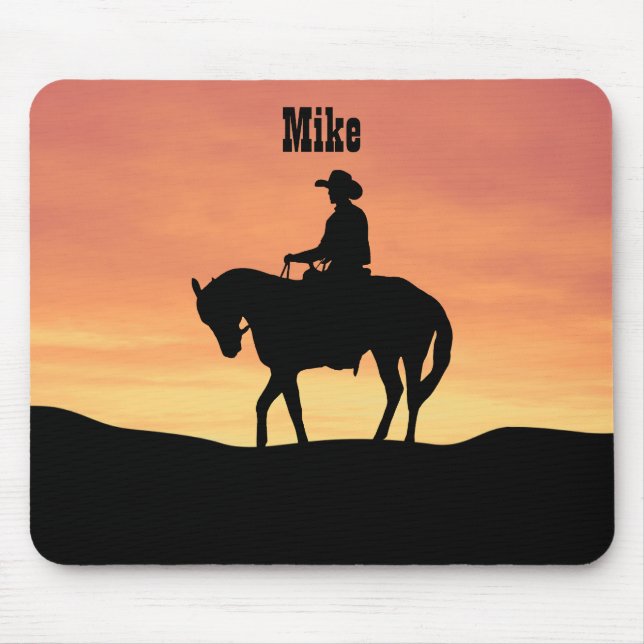 Cowboy till häst vid solnedgång musmatta (Framsidan)