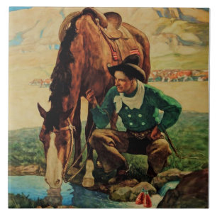 Cowboy vattnar sin häst av NC Wyeth Kakelplatta