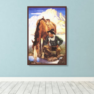 Cowboy vattnar sin häst av NC Wyeth, Vintage konst Canvastryck