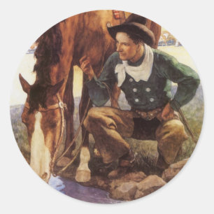 Cowboy vattnar sin häst av NC Wyeth, Vintage konst Runt Klistermärke