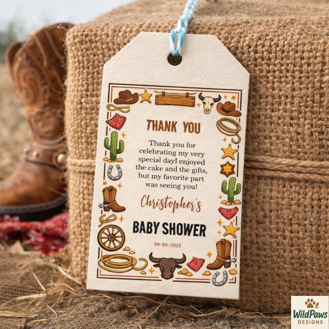 Cowboy Vilda Väster Rodeo Ranch | Rustik Western B Presentetikett (Cowboy Wild West Rodeo Ranch | Rustic Western Baby Gift Tags
)