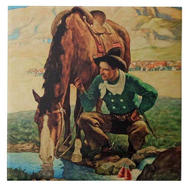 Cowboy Watering Hans Horse av NC Wyeth Kakelplatta (Framsidan)