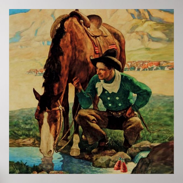Cowboy Watering Hans Horse av NC Wyeth Poster (Framsidan)