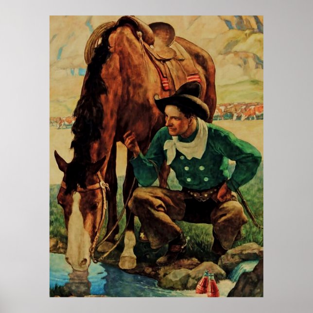 Cowboy Watering Hans Horse av NC Wyeth Poster (Framsidan)
