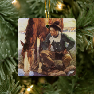 Cowboy Watering Hans Horse av NC Wyeth, Vintage Ar Julgransprydnad Keramik