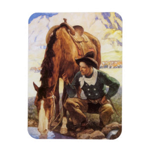 Cowboy Watering Hans Horse av NC Wyeth, Vintage Ar Magnet