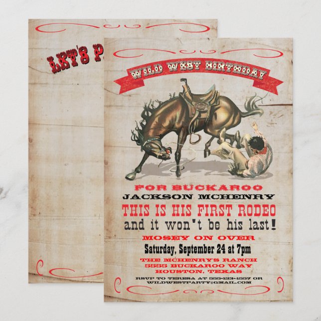 Cowboy Western 1-årsfirande Inbjudan (Fram/baksida)