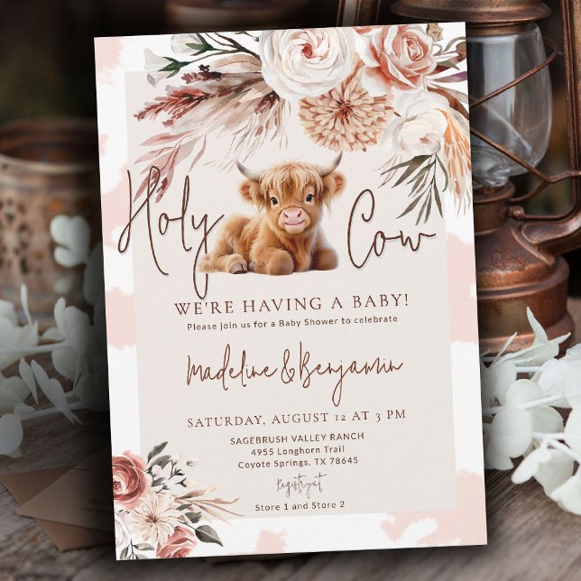 Cowboy Western Cowboy Blommig Bebis-fest Inbjudningar (cow baby shower theme cute highland calf pink hide watercolor floral rustic cowboy barn invitation)