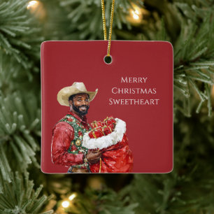 Cowboy Western Hatt Svart Man Jul Julgransprydnad Keramik