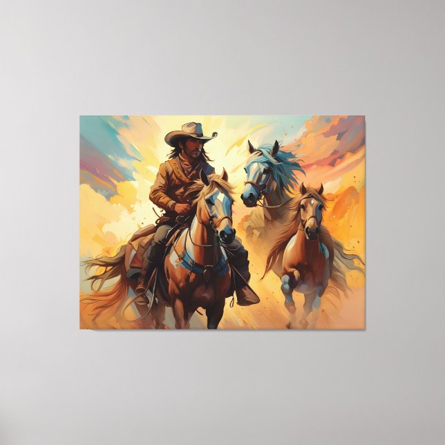 Cowboy Western Horses Blue Tan Collage Canvastryck (Framsida)