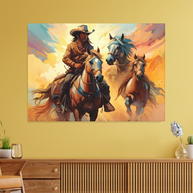 Cowboy Western Horses Blue Tan Collage Canvastryck (Insitu (Vardagsrum))