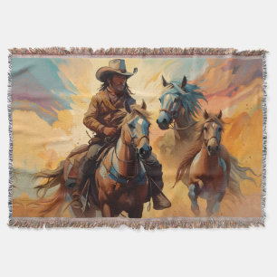 Cowboy Western Horses Blue Tan Collage Filt