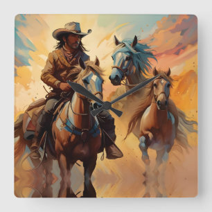Cowboy Western Horses Blue Tan Collage Fyrkantig Klocka
