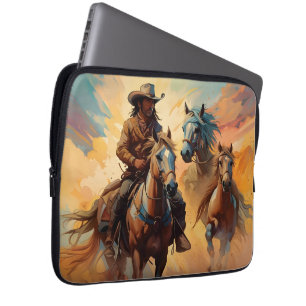 Cowboy Western Horses Blue Tan Collage Laptop Fodral