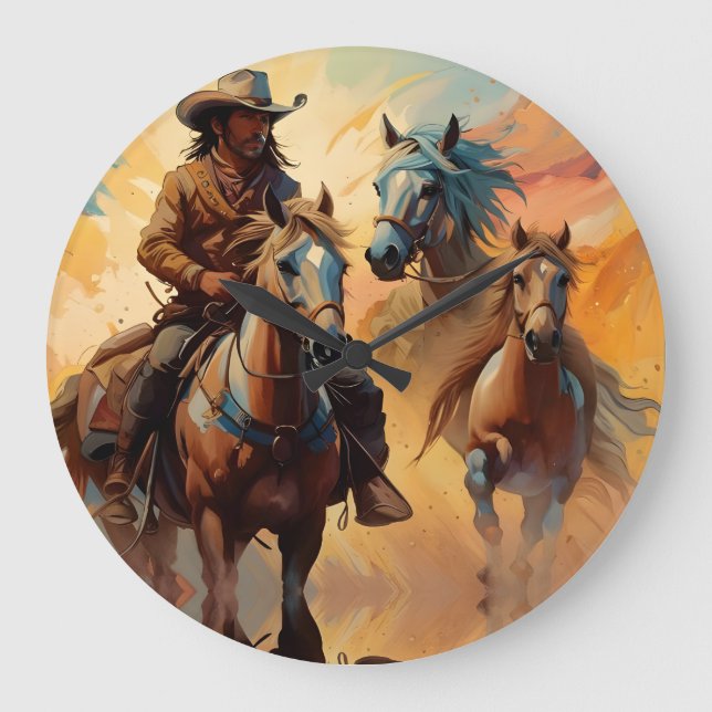 Cowboy Western Horses Blue Tan Collage Stor Klocka (Framsida)