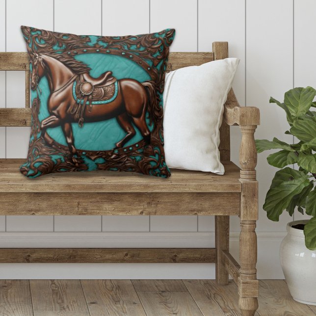 Cowboy Western Land Equestrian Brown Horse Kudde (western country brown horse teal throw pillow)