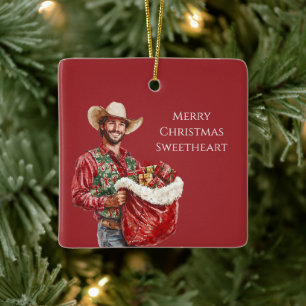 Cowboy Western Man Jultomte Hatt Jul Julgransprydnad Keramik