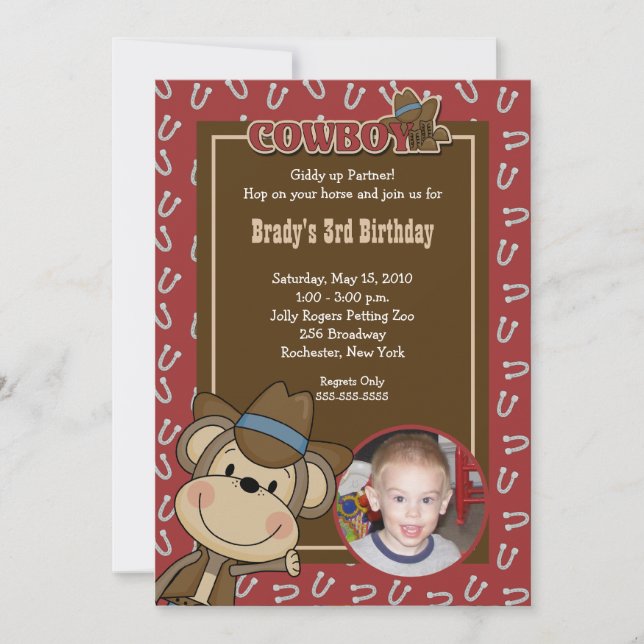 Cowboy Western Monkey 5x7 *PHOTO* Birthday Inbjudningar (Framsida)