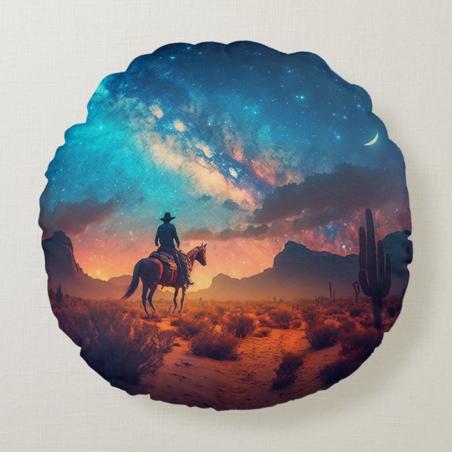 Cowboy Western Öken Natt Rida Kaktus Rund Kudde (Framsidan)